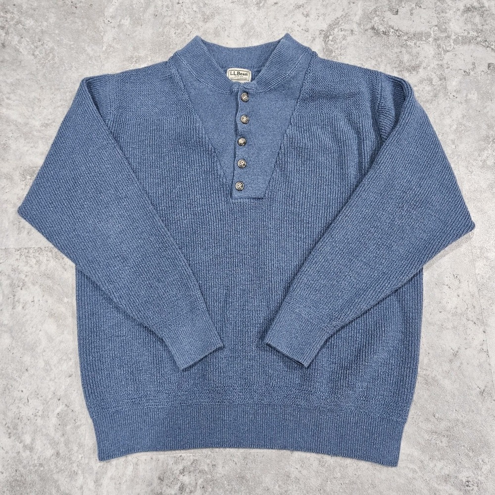 LL Bean Sweater Mens Large Blue Knit Pullover Hiking Button